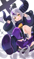 Rule 34 | 1girl, ahoge, ascot, asymmetrical legwear, blush, braid, braided bangs, claw pose, cross, crow (la+ darknesss), dosei, fang, from below, highres, hololive, horns, la+ darknesss, long hair, multicolored hair, open mouth, purple hair, purple skirt, purple thighhighs, ribbon, shoes, sidelocks, silver hair, skirt, slit pupils, solo, streaked hair, striped horns, tail, thighhighs, underwear, very long hair, virtual youtuber, wide sleeves, yellow ascot, yellow eyes, yellow ribbon