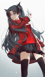 Rule 34 | 1girl, absurdres, between fingers, black hair, black skirt, black thighhighs, blue eyes, buttons, chinese commentary, collared jacket, commentary request, fate/stay night, fate (series), feet out of frame, from below, gradient background, grey background, hair ribbon, hand up, high collar, highres, holding, jacket, k7 (kk7 000), long hair, open mouth, red jacket, red shirt, ribbon, shirt, skirt, solo, sparkle, standing, thighhighs, tohsaka rin, twintails, v-shaped eyebrows