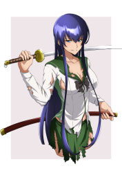 Rule 34 | 1girl, absurdres, black bow, black bowtie, blue eyes, blush, border, bow, bowtie, breasts, busujima saeko, cleavage, commentary request, cropped legs, green sailor collar, green skirt, hair between eyes, highres, highschool of the dead, holding, holding sword, holding weapon, katana, large breasts, long hair, long sleeves, looking to the side, nishizuki shino, purple hair, sailor collar, school uniform, serafuku, sheath, shirt, skirt, smile, solo, sword, torn clothes, torn shirt, torn skirt, unsheathed, weapon, white border, white shirt