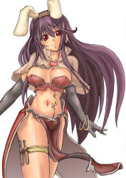 Rule 34 | 1girl, animal ears, areola slip, breasts, cleavage, elbow gloves, gloves, large breasts, long hair, mage (ragnarok online), midriff, pelvic curtain, purple hair, rabbit ears, ragnarok online, red eyes, solo