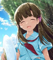 Rule 34 | 1girl, ^ ^, akisaka yamoka, blue shirt, blue sky, breasts, brown hair, closed eyes, cloud, commentary request, day, facing viewer, hair blowing, hair ornament, hand fan, head tilt, idolmaster, idolmaster cinderella girls, kobayakawa sae, long hair, neckerchief, open mouth, outdoors, paper fan, red neckerchief, sailor collar, shirt, short sleeves, sitting, sky, small breasts, solo, sparkle, tree, uchiwa, very long hair, wind