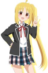 Rule 34 | 1girl, ahoge, black jacket, blazer, blonde hair, bocchi the rock!, collared shirt, commentary request, dars (recolors), detached ahoge, highres, ijichi nijika, jacket, long hair, neck ribbon, open clothes, open jacket, parody, plaid, plaid skirt, pleated skirt, red eyes, red ribbon, ribbon, school uniform, shirt, side ponytail, sidelocks, simple background, skirt, sobu high school uniform, solo, v, very long hair, white background, white shirt, winter uniform, yahari ore no seishun lovecome wa machigatteiru.