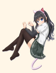 Rule 34 | 1girl, animal ears, asashio (kancolle), black hair, blue eyes, blush, brown thighhighs, cat ears, cat tail, closed mouth, comiching, detached sleeves, fake animal ears, full body, green skirt, hairband, kantai collection, knees up, long hair, looking at viewer, no shoes, paw pose, pink hairband, pleated skirt, shirt, sitting, skirt, smile, solo, suspender skirt, suspenders, tail, thighhighs, white shirt