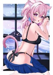 Rule 34 | 1girl, absurdres, animal ears, ass, bare arms, bare shoulders, black bra, blue eyes, blue skirt, bra, breasts, butt crack, cat ears, cat tail, commentary request, highres, honkai: star rail, honkai (series), kemonomimi mode, looking at viewer, march 7th (honkai: star rail), medium breasts, medium hair, miniskirt, no shoes, open mouth, parika, pink hair, pleated skirt, seiza, sitting, skirt, snow, solo, tail, tongue, tongue out, underwear