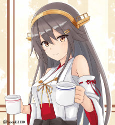 Rule 34 | 1girl, black hair, cup, detached sleeves, gensoukitan, hair ornament, hairclip, haruna (kancolle), headgear, highres, holding, holding cup, japanese clothes, kantai collection, long hair, looking at viewer, mug, nontraditional miko, smile, solo, twitter username, upper body