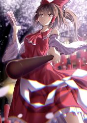 Rule 34 | 1girl, blouse, blurry, blurry background, bow, brown eyes, brown hair, chromatic aberration, depth of field, detached sleeves, foreshortening, gohei, hair bow, hair tubes, hakurei reimu, highres, holding, lantern, looking at viewer, medium hair, nontraditional miko, ofuda, open mouth, red bow, red shirt, red skirt, reijing etrn, ribbon-trimmed sleeves, ribbon trim, shide, shirt, skirt, solo, touhou, wide sleeves