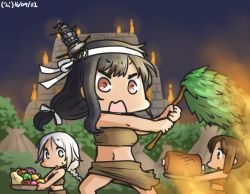 Rule 34 | 10s, 3girls, alternate costume, black hair, blue eyes, boned meat, braid, brown eyes, brown hair, carrying, commentary, dated, food, fruit, hair ornament, hamu koutarou, headband, i-401 (kancolle), kantai collection, long hair, low-tied long hair, meat, midriff, multiple girls, navel, open mouth, ponytail, pyramid (structure), red eyes, sarong, silver hair, single braid, squash, sweatdrop, tribal, umikaze (kancolle), yamashiro (kancolle)