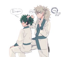 Rule 34 | 2boys, alternate hair length, alternate hairstyle, bakugou katsuki, black footwear, blonde hair, blush, boku no hero academia, clothing request, commentary request, freckles, green eyes, green hair, hairdressing, highres, holding another&#039;s hair, korean commentary, korean text, long hair, long sleeves, looking at another, male focus, midoriya izuku, mouth hold, multiple boys, nimon, open mouth, pants, ponytail, red eyes, ribbon, simple background, sitting, speech bubble, translation request, tying hair, white background, white pants, white ribbon