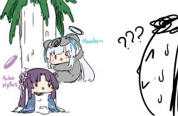 Rule 34 | 1boy, 2girls, ?, ??, alternate costume, blue archive, blunt bangs, chibi, climbing tree, confused, doodle sensei (blue archive), english text, eucalyptus leaves, eyeshadow, hair ornament, halo, haori, headgear, highres, japanese clothes, koala costume, long hair, long sleeves, looking at another, makeup, multiple girls, nervous sweating, noa (blue archive), parted bangs, pun, purple eyes, purple hair, red eyeshadow, sensei (blue archive), sesield, sidelocks, sketch, sweat, tree, tree costume, white background, white hair, yukari (blue archive)