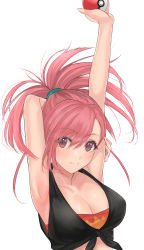 Rule 34 | 1girl, arm behind head, arm up, armpits, bad id, bad pixiv id, bandeau, blush, breasts, cleavage, closed mouth, collarbone, creatures (company), flannery (pokemon), floating hair, game freak, gym leader, hair between eyes, highres, holding, holding poke ball, large breasts, long hair, looking at viewer, mexif, nintendo, pink hair, poke ball, pokemon, pokemon oras, ponytail, red bandeau, red eyes, shirt, simple background, smile, solo, tied shirt, upper body, white background