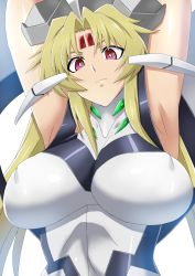 Rule 34 | 1girl, armpits, arms up, blonde hair, bnc (bunshi), breasts, covered erect nipples, female focus, forehead jewel, headgear, highres, large breasts, leotard, long hair, looking at viewer, orichalcum reycal, red eyes, solo