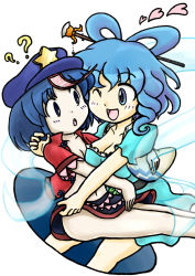 Rule 34 | 2girls, ?, beret, blue dress, blue eyes, blue hair, breasts, cleavage, commentary request, dress, hair ornament, hair stick, hat, heart, jiangshi, kaku seiga, miyako yoshika, multiple girls, nitamago, ofuda, open clothes, open mouth, outstretched arms, shawl, short hair, skirt, star (symbol), touhou, white background