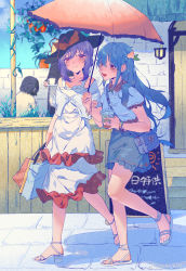 Rule 34 | 2girls, :d, alternate costume, bag, bare shoulders, bead bracelet, beads, black headwear, blue hair, blush, bow, bracelet, casual, chinese commentary, closed mouth, collarbone, collared shirt, commentary request, contemporary, cup, day, disposable cup, door, dress, fingernails, food-themed hair ornament, frilled dress, frilled shirt, frills, grass, grey shorts, guozimiao, hair ornament, hat, hat bow, highres, hinanawi tenshi, holding, holding bag, holding cup, holding umbrella, ivy, jewelry, locked arms, long hair, looking at another, multiple girls, nagae iku, no socks, open mouth, outdoors, parasol, peach hair ornament, people, plant, potted plant, purple hair, rainbow gradient, red bow, red eyes, ribbon-trimmed shorts, ribbon trim, satchel, shared umbrella, shirt, shopping bag, short hair, shorts, sign, sky, smile, stairs, touhou, umbrella, very long hair, weibo logo, weibo watermark, white dress, white shirt
