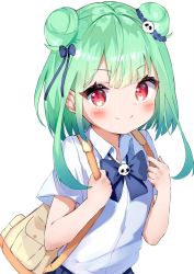 Rule 34 | 1girl, aged down, auui, bag, blue ribbon, blue skirt, blush, child, closed mouth, collared shirt, commentary request, cowboy shot, double bun, fang, green hair, hair bun, hair ornament, hands up, highres, holding strap, hololive, looking at viewer, pleated skirt, red eyes, ribbon, school bag, school uniform, shirt, short hair, short sleeves, simple background, skirt, skull hair ornament, smile, solo, split mouth, uruha rushia, virtual youtuber, white background, white shirt