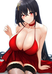 Rule 34 | 1girl, absurdres, arm support, asymmetrical hair, azur lane, black hair, blush, breasts, choker, cleavage, closed mouth, commentary, cowboy shot, crossed bangs, dress, furrowed brow, hair between eyes, hair ornament, halter dress, halterneck, highres, huge breasts, long hair, looking at viewer, minato81345, official alternate costume, red choker, red dress, red eyes, side ponytail, simple background, sitting, sleeveless, sleeveless dress, smile, solo, spaghetti strap, straight hair, taihou (azur lane), taihou (forbidden feast) (azur lane), thighhighs, white background, zettai ryouiki