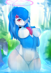 Rule 34 | 1girl, absurdres, alternate color, alternate hair length, alternate hairstyle, arm up, armpits, ashraely, black choker, blue hair, blue skin, blurry, blurry background, blush, breasts, choker, cleft of venus, closed mouth, colored skin, cowboy shot, creatures (company), female focus, flower, game freak, gardevoir, gen 3 pokemon, hair flower, hair ornament, hair over one eye, hand up, happy, highres, large areolae, large breasts, long hair, looking up, magic, multicolored skin, navel, nintendo, nipples, nude, outdoors, partially submerged, pink eyes, pink flower, pokemon, pokemon (creature), pussy, shiny pokemon, shiny skin, showering, smile, solo, standing, stomach, thick thighs, thighs, two-tone skin, uncensored, wading, water, wet, white skin, wide hips