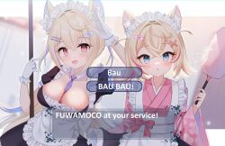 Rule 34 | 2girls, animal ears, apron, between breasts, black dress, blonde hair, blue eyes, blue hair, breasts, cleavage, commentary, dog ears, dog girl, dress, duster, english commentary, english text, flat chest, fuwawa abyssgard, gloves, highres, hololive, hololive english, indoors, kawaiipony2, large breasts, long hair, long sleeves, looking at viewer, maid, maid apron, maid headdress, mococo abyssgard, multicolored hair, multiple girls, open mouth, pink dress, pink eyes, pink hair, short sleeves, siblings, sisters, smile, standing, streaked hair, twins, virtual youtuber, white apron, white gloves