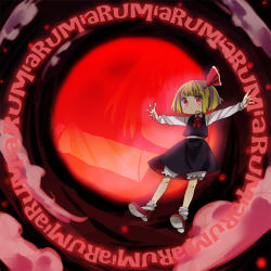 Rule 34 | 1girl, 8bit, :o, bad id, bad pixiv id, blonde hair, bow, character name, embodiment of scarlet devil, female focus, hachi (8bit canvas), hair bow, highres, open mouth, outstretched arms, red eyes, rumia, short hair, solo, spread arms, touhou