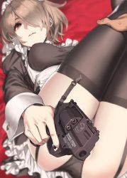 Rule 34 | 1boy, 1girl, 92m, apron, ass, black dress, black panties, black thighhighs, breasts, breasts apart, chiappa firearms, chiappa rhino, chiappa rhino 20ds, dress, expressionless, finger on trigger, frills, garter straps, gun, hair over one eye, handgun, highres, holding, holding gun, holding leg, holding weapon, juliet sleeves, large breasts, light brown hair, long sleeves, looking at viewer, low bore axis revolver, lying, maid, maid headdress, on back, original, panties, parted lips, puffy sleeves, revolver, rifling, short hair, sidelocks, skindentation, snubnosed revolver, solo focus, thighhighs, thighs, underwear, weapon, white apron