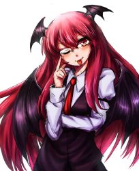 Rule 34 | 1girl, bat wings, bespectacled, glasses, head wings, highres, index finger raised, koakuma, long hair, looking at viewer, maru daizu (aqua6233), one eye closed, red eyes, red hair, simple background, smile, solo, tongue, tongue out, touhou, white background, wings
