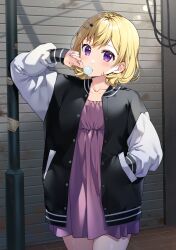 Rule 34 | 1girl, blonde hair, blush, bon (bonbon315), buttons, cat hair ornament, chewing gum, dress, hair ornament, hairclip, hand in pocket, hand up, highres, jacket, long sleeves, looking at viewer, applying manicure, nail polish, open clothes, open jacket, original, purple dress, purple eyes, solo