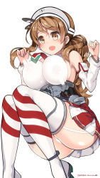 Rule 34 | 10s, 1girl, 2015, ass, bad id, bad pixiv id, bare shoulders, blush, bouncing breasts, breasts, brown eyes, brown hair, corset, dated, detached sleeves, female focus, highres, kantai collection, knees together feet apart, kuro chairo no neko, large breasts, littorio (kancolle), long hair, long sleeves, maid headdress, miniskirt, necktie, open mouth, panties, pantyshot, paw print, ponytail, simple background, skirt, solo, striped clothes, striped thighhighs, thighhighs, twitter username, underwear, white background, white panties