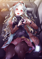 Rule 34 | 1girl, :d, belt, black pantyhose, blonde hair, breasts, brown coat, brown headwear, candy, candy wrapper, car interior, coat, dated, hair intakes, heart, heart hands, i tell c, long hair, looking at viewer, lying, medium breasts, multicolored hair, mura saki, on back, open mouth, pantyhose, phone, red eyes, risa aioi, seatbelt, silver hair, skirt, smile, very long hair, wrapped candy
