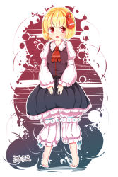Rule 34 | 1girl, ascot, barefoot, blonde hair, bloomers, blush, breasts, fang, furim, hair ribbon, highres, long sleeves, looking to the side, pigeon-toed, red eyes, ribbon, rumia, short hair, skirt, small breasts, solo, tiptoes, touhou, underwear, vest