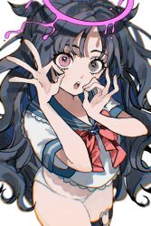 Rule 34 | 1girl, :o, black hair, blue sailor collar, blush, bow, bowtie, brooch, collarbone, cowboy shot, curly hair, dot nose, double ok sign, grey eyes, halo, hands up, heart, heart-shaped pupils, heart brooch, heart o-ring, heterochromia, highres, inu totemo, jewelry, legs together, long hair, looking at viewer, melting halo, no pants, o-ring, o-ring thigh strap, ok sign, open mouth, original, panties, parted bangs, pink eyes, pink halo, red bow, red bowtie, sailor collar, school uniform, serafuku, shadow, shirt, short sleeves, sidelocks, simple background, solo, symbol-shaped pupils, teeth, thick thighs, thigh strap, thighs, underwear, upper teeth only, white background, white panties, white shirt, wispy bangs