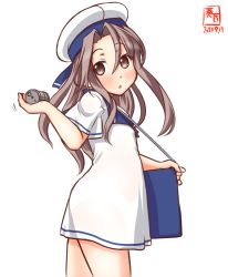 Rule 34 | 1girl, alternate costume, artist logo, blue sailor collar, box, brown eyes, brown hair, commentary request, cosplay, cowboy shot, dated, depth charge, dress, hat, hiburi (kancolle), hiburi (kancolle) (cosplay), kanon (kurogane knights), kantai collection, long hair, looking at viewer, one-hour drawing challenge, sailor collar, sailor dress, sailor hat, short sleeves, simple background, solo, standing, white background, white dress, white hat, zuihou (kancolle)