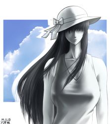 Rule 34 | 1girl, 2channel, black hair, breasts, colored skin, day, dress, hair over eyes, hasshaku-sama, hat, large breasts, lips, long hair, no bra, solo, sun hat, sundress, taikyokuturugi, taut clothes, taut dress, very long hair, white hat, white skin