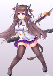 Rule 34 | 1girl, absurdres, aged down, animal ears, artist name, azur lane, black footwear, breasts, brown hair, brown thighhighs, commentary, cow ears, cow girl, cow horns, cow tail, cropped jacket, english commentary, floating hair, full body, gradient background, highres, holding, holding sword, holding weapon, horns, jacket, kashino (azur lane), katana, lndrmnn, long hair, long sleeves, looking at viewer, medium breasts, name tag, necktie, open clothes, open jacket, outstretched arm, parted lips, pleated skirt, purple eyes, purple necktie, purple skirt, sheath, shirt, signature, skindentation, skirt, solo, standing, sword, tail, thighhighs, very long hair, weapon, white jacket, white shirt, wing collar, zettai ryouiki