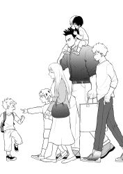 Rule 34 | 2girls, 4boys, aged down, alternate universe, backpack, bag, belt, belt buckle, boku no hero academia, brother and sister, brothers, buckle, child, closed eyes, closed mouth, endeavor (boku no hero academia), facial hair, family, father and daughter, father and son, full body, greyscale, highres, jacket, long hair, long sleeves, monochrome, mother and daughter, mother and son, multiple boys, multiple girls, open mouth, p (pppppppppq), pants, shoes, siblings, simple background, skirt, todoroki fuyumi, todoroki natsuo, todoroki rei, todoroki shouto, todoroki touya, walking, white background