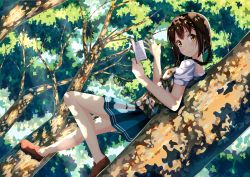 Rule 34 | 1girl, bad id, bad pixiv id, blush, book, braid, brown hair, dappled sunlight, dark skin, dark-skinned female, day, highres, holding, holding book, legs, loafers, long hair, looking at viewer, lying, on back, open book, original, outdoors, plaid, plaid vest, pleated skirt, shoes, short sleeves, skirt, smile, solo, suke (suraimubesulove), sunlight, tree, branch, vest, waving, yellow eyes
