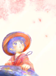 Rule 34 | 1girl, blush, bowl, bowl hat, cherry blossoms, gradient background, hat, in bowl, in container, japanese clothes, kimono, looking up, medinki, needle, open mouth, purple eyes, purple hair, short hair, solo, sukuna shinmyoumaru, touhou
