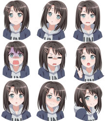 1girl =_= asymmetrical_bangs bang_dream! black_hair blue_eyes blue_jacket blush closed_eyes closed_mouth commentary cropped_torso english_commentary expressions fries_vanquisher gloom_(expression) grey_hoodie hair_ornament hairclip head_tilt highres hood hood_down hoodie index_finger_raised jacket looking_at_viewer medium_hair multiple_views nervous_sweating okusawa_misaki open_clothes open_jacket open_mouth smile sweat upper_body wavy_mouth