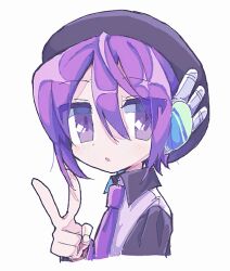 Rule 34 | :o, beret, black headwear, black sleeves, blush, collared shirt, commentary request, cropped torso, from side, hair between eyes, hand up, hat, highres, jitome, looking at viewer, looking to the side, mekziro, necktie, oekaki, open mouth, purple eyes, purple hair, purple necktie, purple shirt, robot ears, shirt, short hair, simple background, upper body, utane uta, utau, v, white background