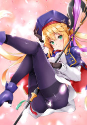 Rule 34 | 1girl, artoria caster (fate), artoria caster (second ascension) (fate), artoria pendragon (fate), ass, bad id, bad pixiv id, blonde hair, blue capelet, blue headwear, blue pantyhose, blush, breasts, capelet, closed mouth, dress, fate/grand order, fate (series), gloves, green eyes, highres, holding, holding staff, legs up, long hair, long sleeves, looking at viewer, multicolored capelet, pantyhose, sezok, smile, staff, thighband pantyhose, twintails, white dress