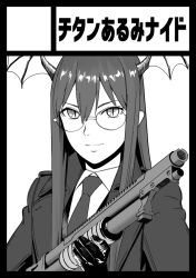 Rule 34 | &gt;:), 1girl, amino (tn7135), bat wings, bespectacled, black gloves, blazer, circle cut, collared shirt, dress shirt, glasses, gloves, greyscale, gun, hair between eyes, head wings, jacket, koakuma, light smile, long hair, looking at viewer, monochrome, necktie, pointy ears, pump action, round eyewear, shirt, shotgun, sidelocks, simple background, slit pupils, solo, touhou, translation request, upper body, v-shaped eyebrows, weapon, white background, white shirt, winchester model 1897, wings