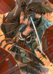 Rule 34 | 1boy, abs, absurdres, alternate costume, armor, black hair, closed mouth, fingerless gloves, fushiguro megumi, gloves, green eyes, hat, highres, holding, holding sword, holding weapon, japanese armor, japanese clothes, jujutsu kaisen, kimono, looking at viewer, male focus, midriff, oil-paper umbrella, rope, samurai, shimenawa, short hair, solo, sword, umbrella, weapon, wolf, woshihedawei