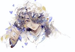Rule 34 | 1boy, autumn leaves, bad id, bad twitter id, black hair, bug, butterfly, fengxi (the legend of luoxiaohei), hair over one eye, hand up, insect, leaf, long hair, long sleeves, looking at viewer, male focus, messy hair, muyihui, object on head, one eye covered, pointy ears, portrait, simple background, solo, luo xiaohei zhanji, white background