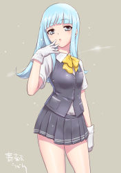 Rule 34 | 10s, 1girl, artist name, black skirt, blouse, blue eyes, blue hair, blunt bangs, bow, bowtie, cowboy shot, gloves, gradient background, hatsukaze (kancolle), hime cut, kantai collection, long hair, looking at viewer, pleated skirt, school uniform, shirt, shungikuten, skirt, solo, standing, vest, white gloves, white shirt, yellow bow, yellow bowtie