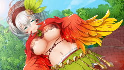 Rule 34 | 1girl, artist request, bare shoulders, belt, blue eyes, blush, breasts, earrings, feather hair ornament, feathers, game cg, gradient wings, green feathers, green skirt, grey hair, hair ornament, hair pulled back, hairband, harpy, jewelry, lamia, large breasts, midriff, monster girl, monster musume no iru nichijou, monster musume no iru nichijou online, multicolored wings, navel, official art, outdoors, qukul (monster musume), red feathers, red wings, skirt, solo, tree, underboob, winged arms, wings, yellow feathers, yellow wings