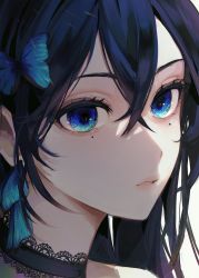 Rule 34 | 1girl, 58 (opal 00 58), absurdres, backlighting, bad id, bad twitter id, black choker, blue butterfly, blue eyes, blue hair, bug, butterfly, choker, commentary, crossed bangs, english commentary, highres, insect, long hair, looking away, multicolored eyes, open mouth, original, portrait, simple background, solo, white background