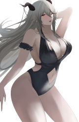 Rule 34 | 1girl, absurdres, aegir (azur lane), arm behind head, axicoi, azur lane, bare shoulders, black one-piece swimsuit, blush, breasts, brown eyes, cleavage, dragon horns, feet out of frame, grey hair, highleg, highres, horns, large breasts, long hair, looking at viewer, midriff, multicolored hair, navel, one-piece swimsuit, open mouth, solo, standing, streaked hair, swimsuit, thighs, white background