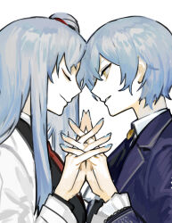 Rule 34 | 2girls, angela (project moon), blue coat, blue hair, blue nails, brooch, closed eyes, closed mouth, coat, collared shirt, dual persona, frilled sleeves, frills, jewelry, library of ruina, lobotomy corporation, long hair, multiple girls, necktie, nishikujic, one side up, project moon, red necktie, shirt, sidelocks, simple background, smile, very long hair, white background, white coat, white shirt, wing collar