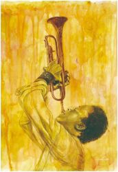 Rule 34 | 1boy, artworksmil, instrument, music, original, painting (medium), playing instrument, realistic, solo, traditional media, trumpet, watercolor (medium)