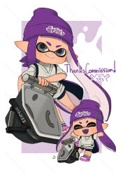 Rule 34 | 1girl, ^ ^, arms up, beanie, bloblobber (splatoon), border, chibi, chibi inset, closed eyes, closed mouth, commentary request, commission, coula cat, grey eyes, hat, holding, holding weapon, ink tank (splatoon), inkling, inkling girl, inkling player character, long hair, multiple views, nintendo, open mouth, outside border, pink hat, pointy ears, print headwear, purple hair, smile, splatoon (series), splatoon 3, tentacle hair, thank you, weapon, white border