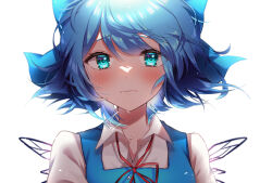 Rule 34 | 1girl, absurdres, aoyama tenchou, blue bow, blue eyes, blue hair, blush, bow, cirno, closed mouth, commentary request, fairy, hair bow, highres, ice, ice wings, looking at viewer, short hair, simple background, solo, touhou, upper body, white background, wings