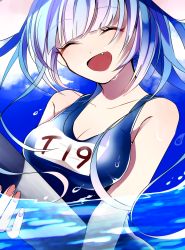 Rule 34 | 10s, 1girl, bad id, bad pixiv id, blue sky, breasts, cleavage, cloud, day, dripping, closed eyes, fang, fingernails, holding, i-19 (kancolle), kantai collection, medium breasts, name tag, one-piece swimsuit, open mouth, pomu (pompom o), school swimsuit, sky, solo, swimsuit, torpedo, twintails, upper body, wading, water drop, wet